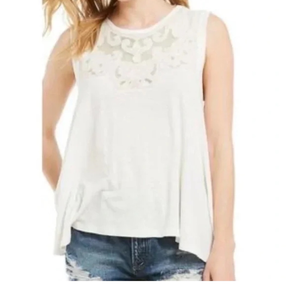 Free‎ People Women's Meant to Be Mesh Lace Tank Top Linen Blend White Size Small